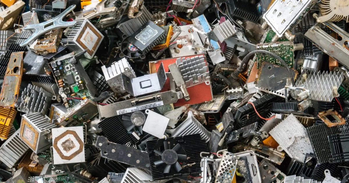 A collection of materials for metal recycling in a scrap yard.