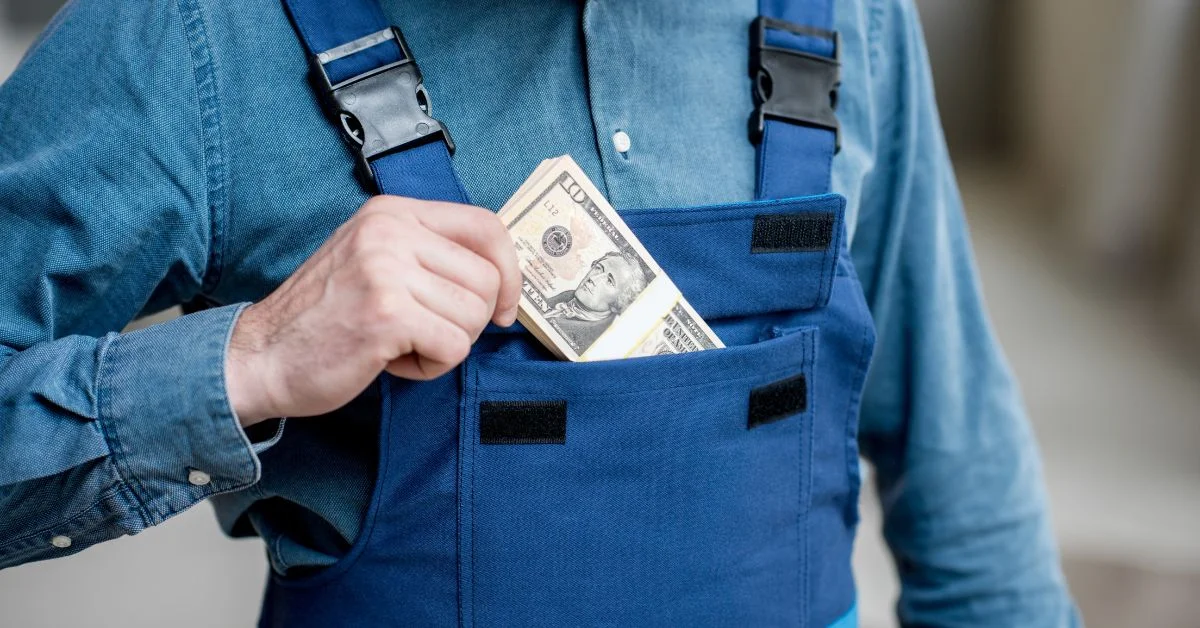 Making Smart Investments in Recycling Equipment Person in work gear putting cash into their front pocket.