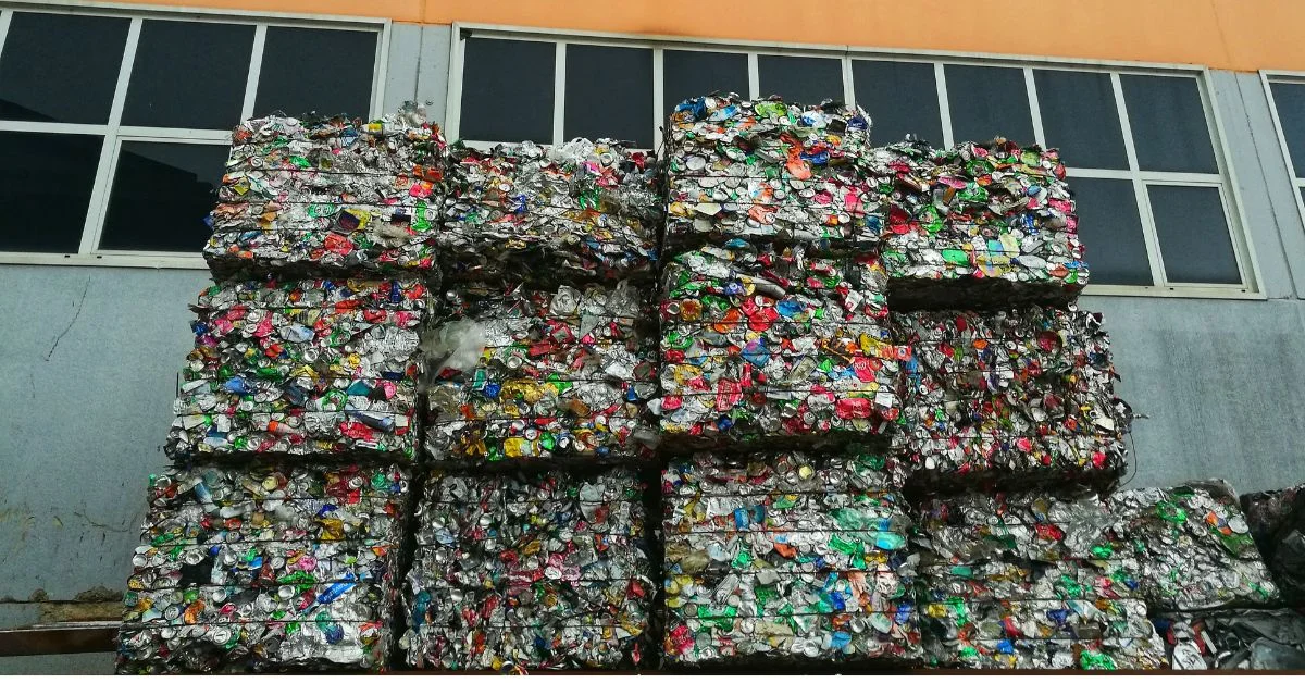 Scrap metal bales stacked together.