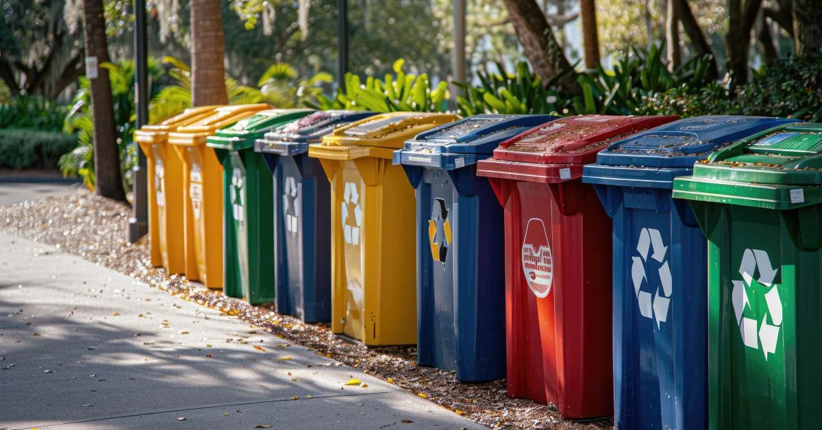 Recycling bins lined up on a road.
